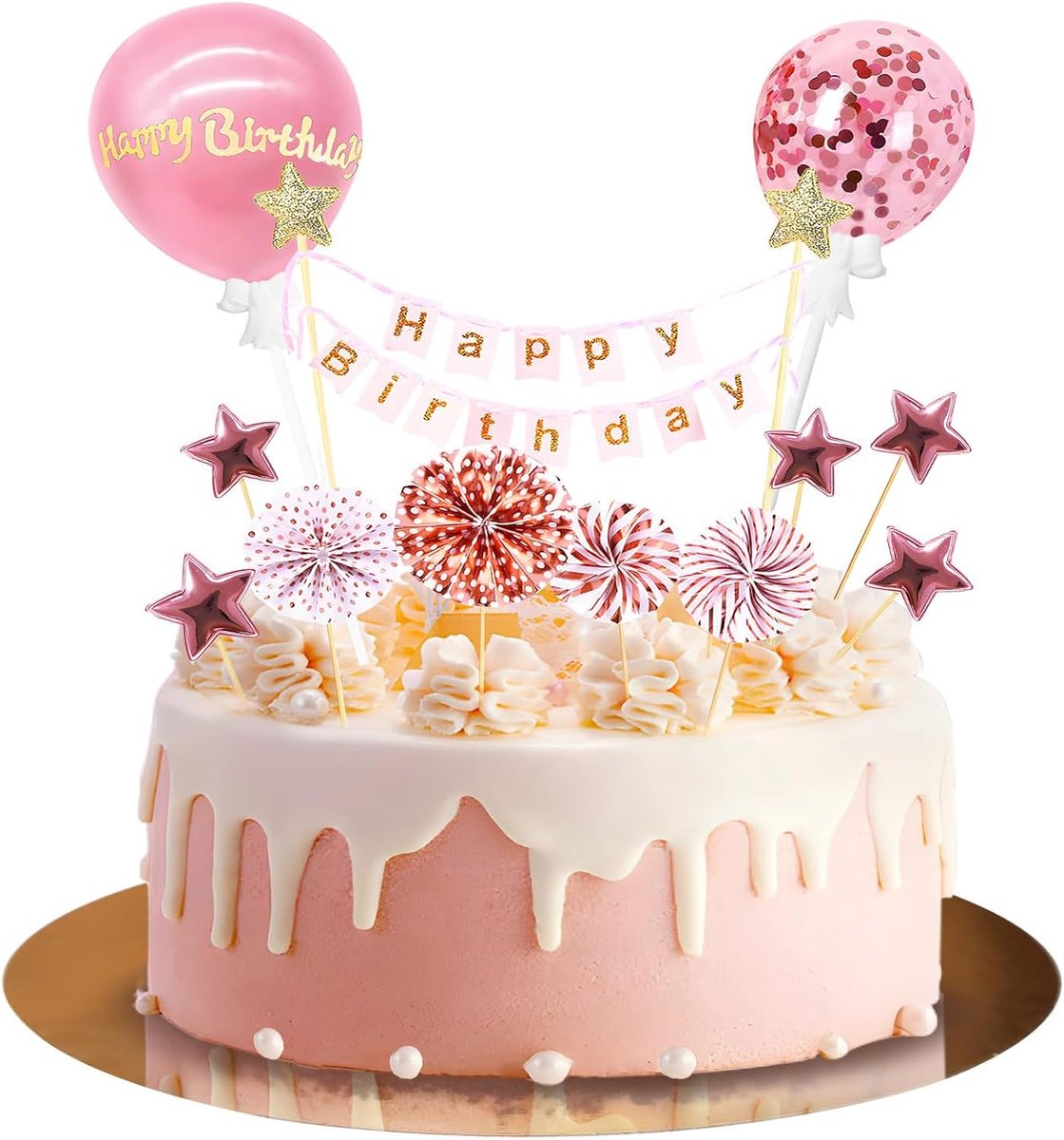 Birthday-taarttopper, roségoudkleurige glitter verjaardagstaarttopperset, cupcake-decoraties, ster papieren waaier, confettiballon, 12 stuks, romantische cupcaketopper voor meisjes en
