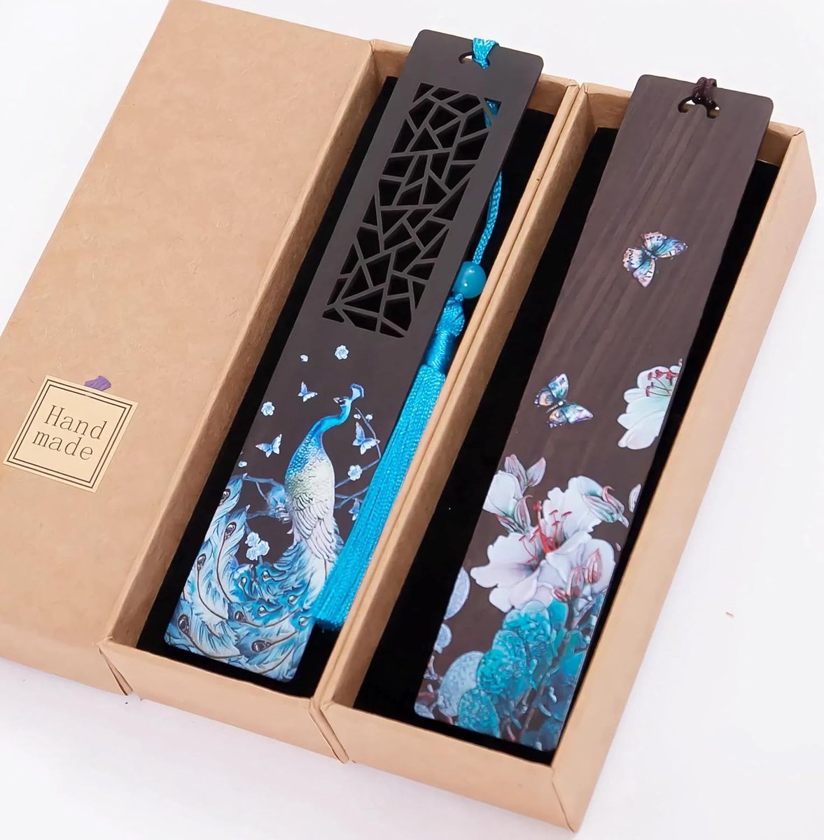 Handgemaakt 2-pack houten bladwijzer cadeau voor vakantie, prachtige geschilderde patronen houten boekenleggers met paarse bloem pauw - perfecte decoratie voor bladwijzers, studenten,