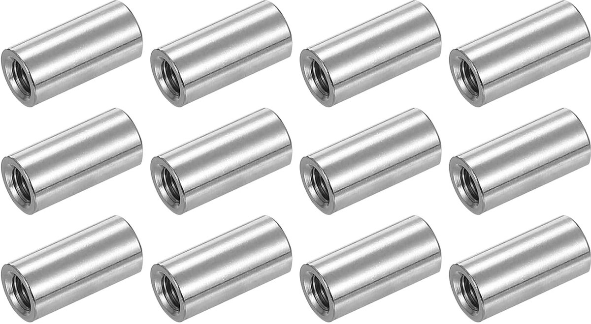 Ronde koppelingsmoeren M6 x 1 mm, 12 stuks 304 roestvrij staal verbindingsmoeren bevestigingselementen stang pin 20 mm industriële bouw, zilver