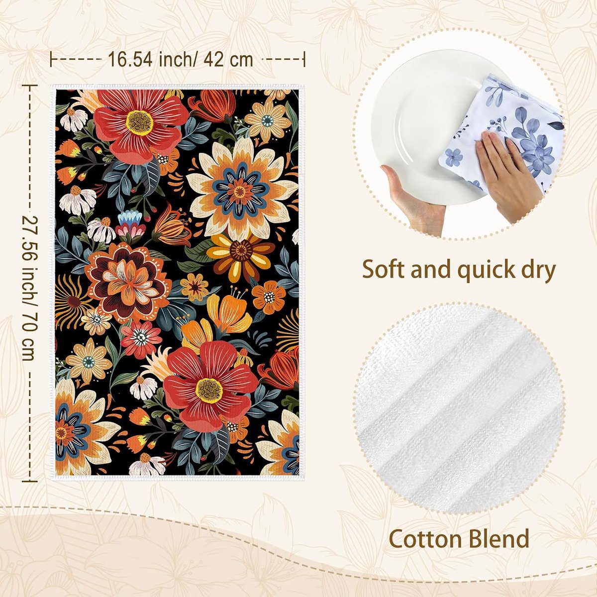 Bloemenkeukendoeken zachte dikke katoenmix zwarte retro handdoeken, 42 x 70 cm absorberend vaatdoek voor keuken woondecoratie, housewarming, verjaardagscadeaus voor vrouwen, set van 2