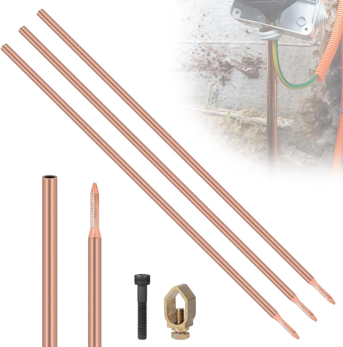 Grondpen met koolstofstaal, 3 stuks, 1 m, 17,2 mm diameter, 0,2 mm rood koperen coating, staafje met klem en aandrijfbouten