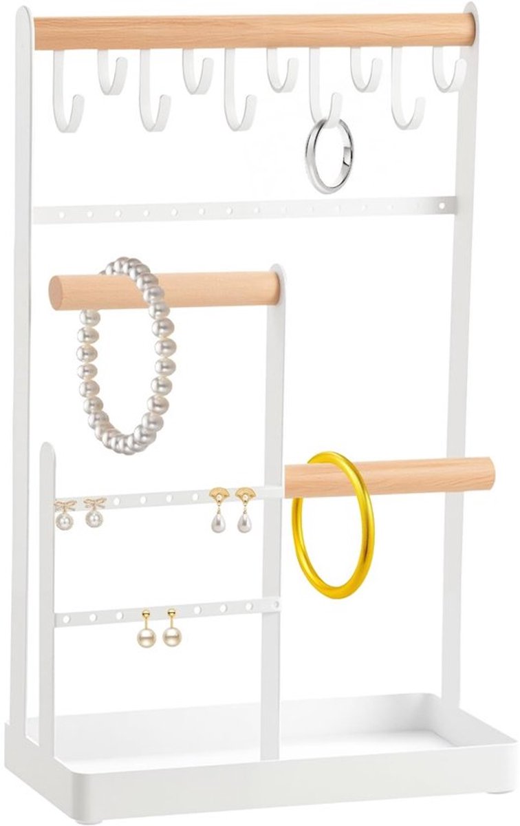 Sieradenstandaard met 16 Ogen - Sieraden Organizer - Armband Houder - Ringenhouder - Sieradenrek - Elegante Houten Beugel 20 x 32 x 10 cm - Sieradenhouder