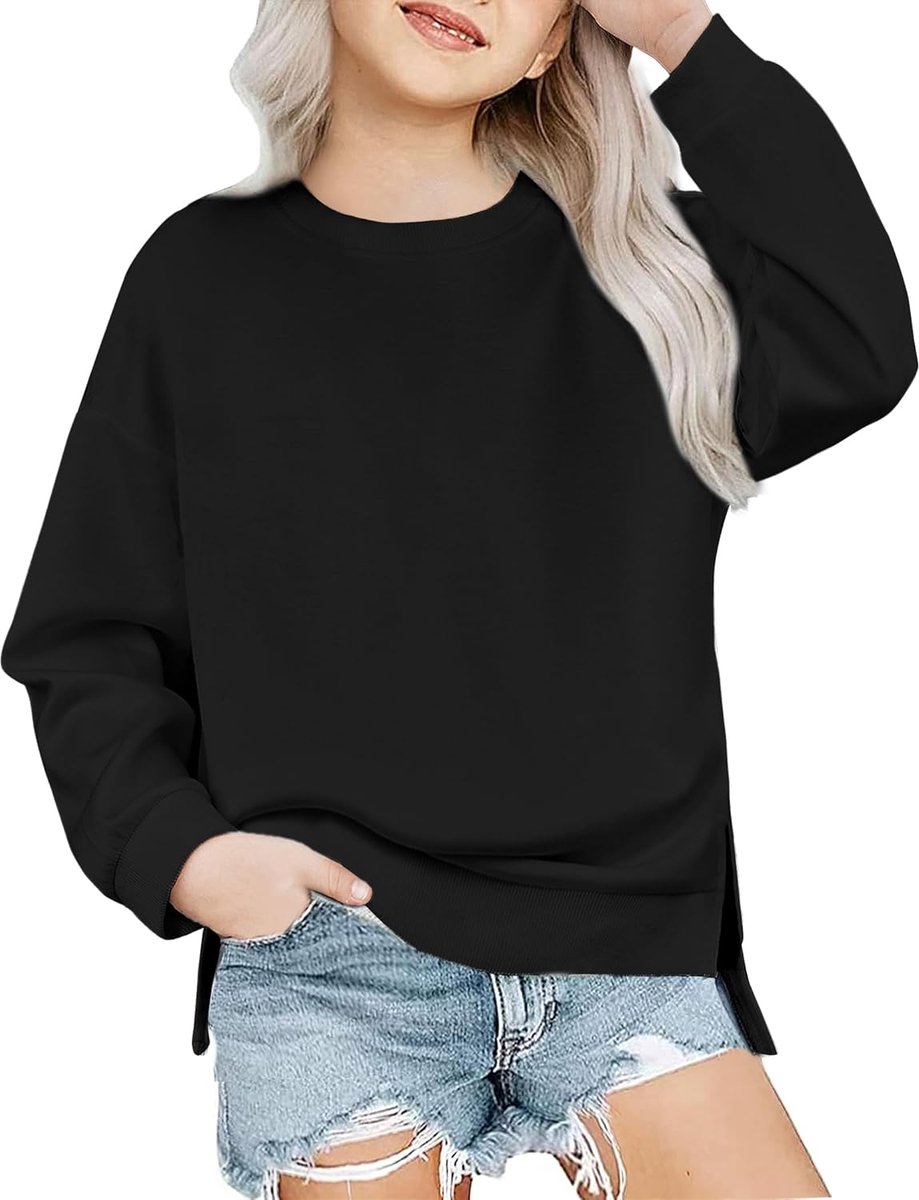 Sweatshirt voor meisjes, Ultracomfortable Herfst Winter Ronde Hals Effen Kleur Trui Casual Mode Sport Lange Mouw Shirts voor Kinderen 5-14 Jaar