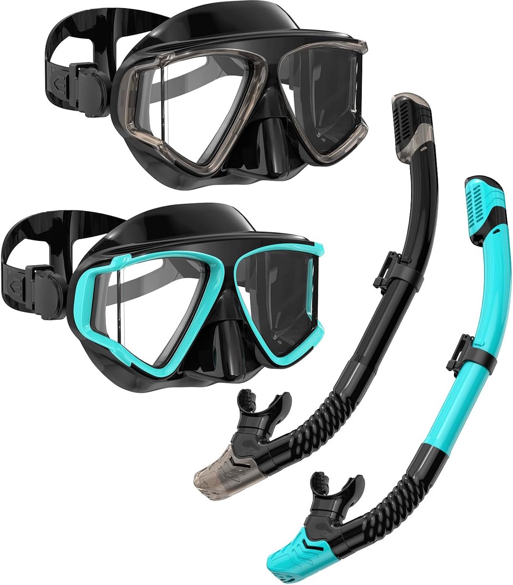 Snorkeluitrusting voor volwassenen, snorkelset voor volwassenen, duikmasker met HD panoramisch gehard glas en droge top snorkelen, anti-condens en anti-lek zwembril met neusafdekking, zwemreiskit