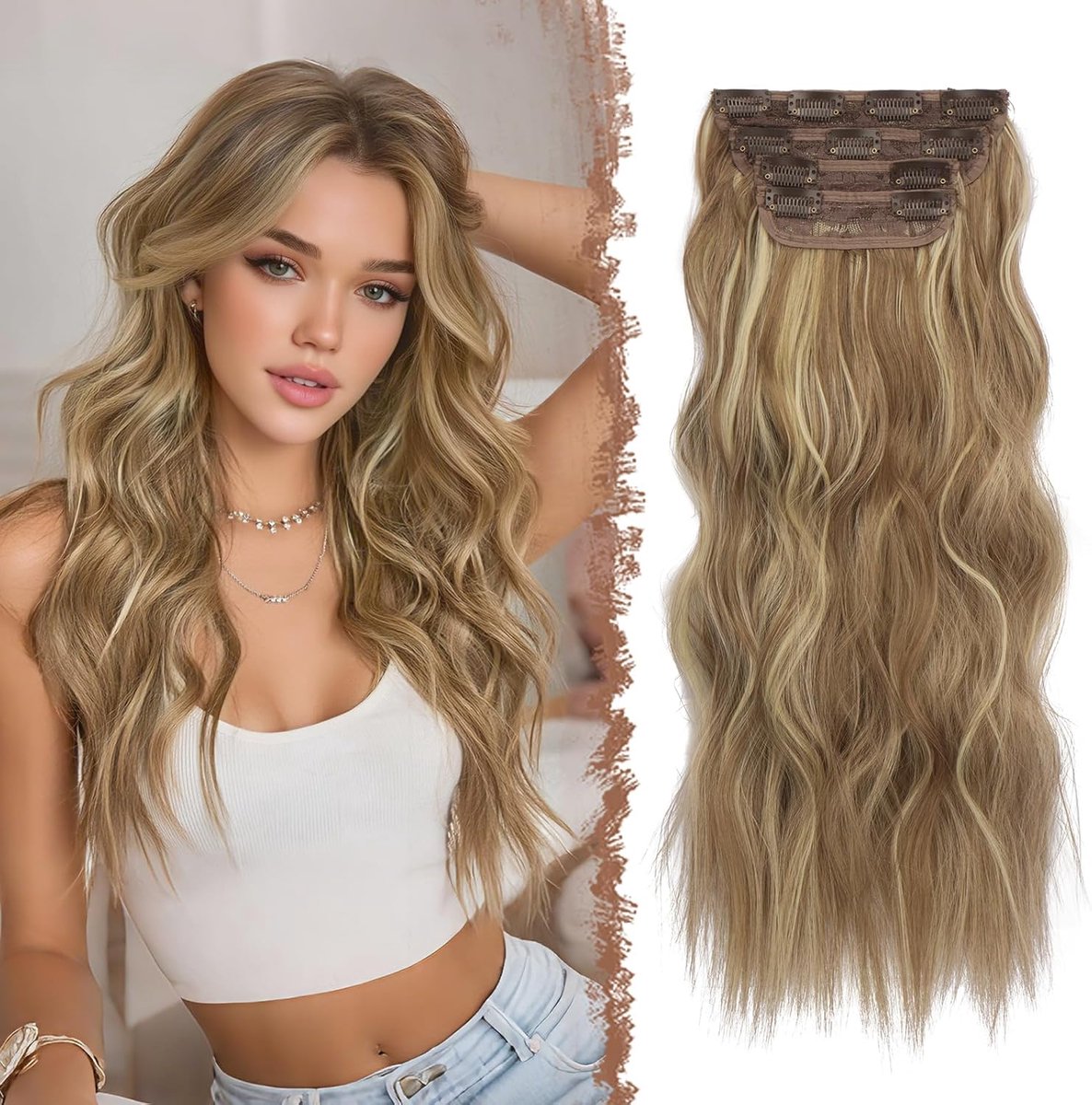 Clip-in Golvende Extensions Synthetische Haarstukjes voor Vrouwen | 4 Stuks 50 cm Lange hittebestendig Haarextensions voor Dagelijks Gebruik en Feestje, Bahama Beige