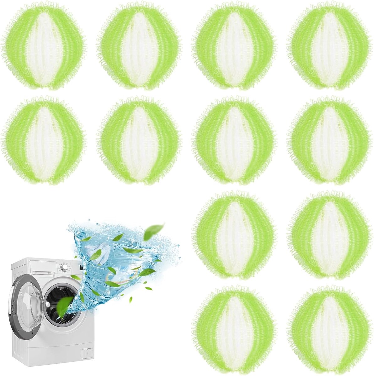 Wasmachine, herbruikbare pluisballen, wasmachine, kattenhaarverwijderaar voor wasmachines, voor het verwijderen van haren van katten en honden, 12 stuks, groen