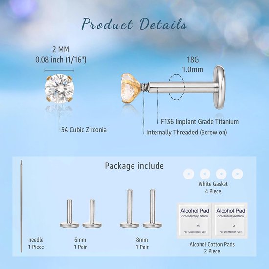 Limerencia 18G titanium traguspiercing, 2 stuks medische lippiercing, labret-steker hypo-allergene helix piercing oor voor navel tong wenkbrauw lip septum neus oor piercing — afbeelding 3