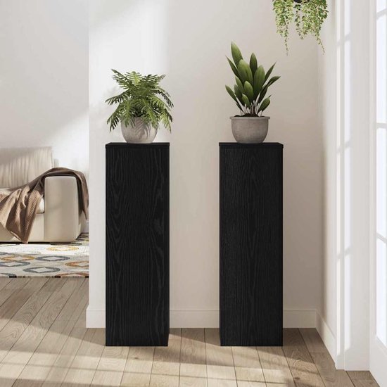 Plantenstandaard, set van 2, zwart, eikenlook, 25 x 25 x 80 cm, bloemenstandaard voor binnen en buiten, plantenzuil met modern design, eenvoudige montage — afbeelding 2