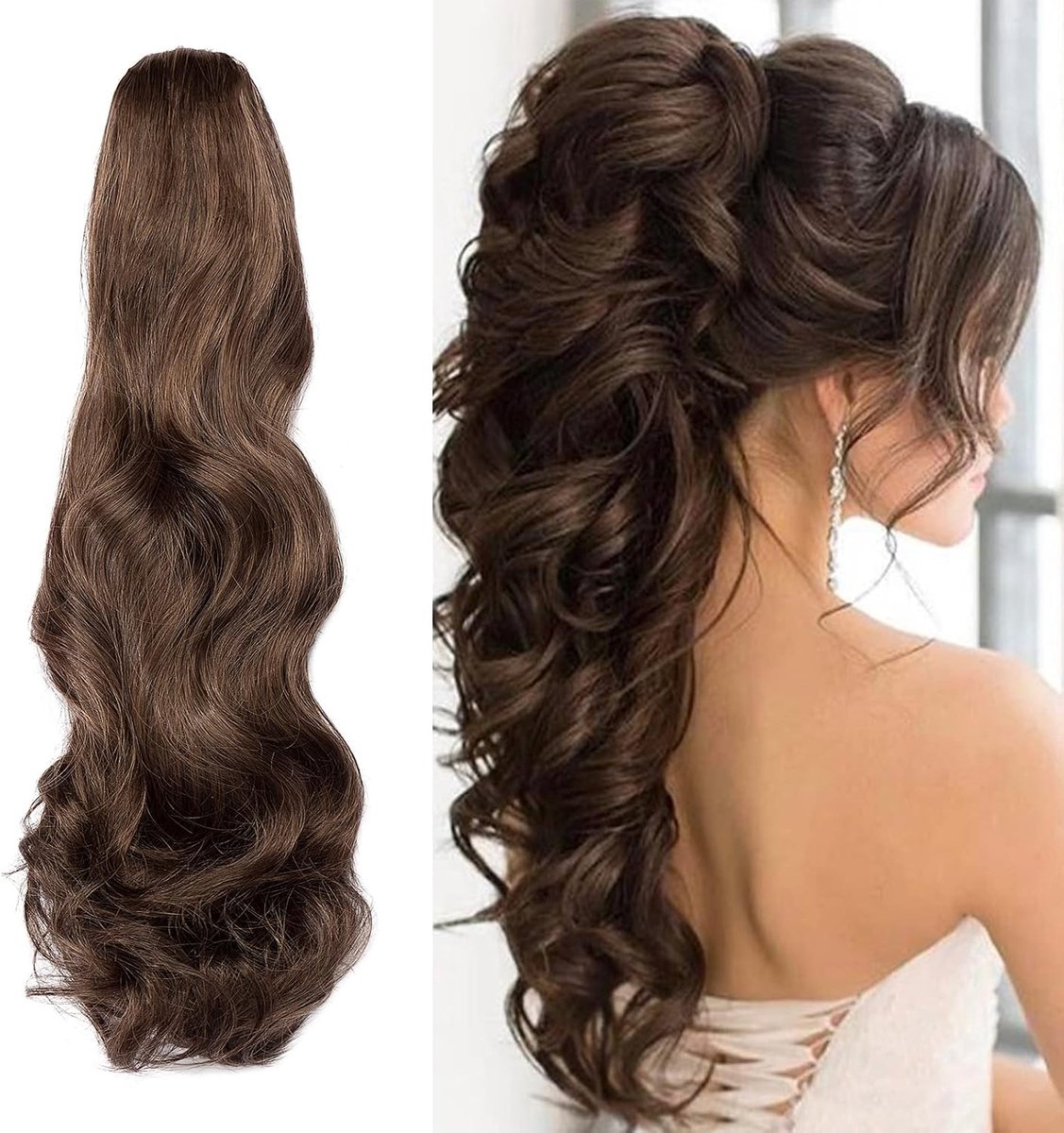 Clip in Paardenstaart Extensions Vlecht Haardeel Klauw Paardenstaart Haarverlenging zoals echt haar Golvend Krullend Kunsthaar Lang Haar Hittebestendig, Donkerbruin&Lichtbruin