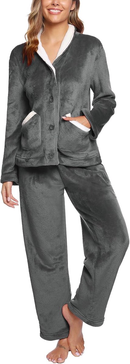 IClosam Pyjama voor dames, fleece pyjama, zachte warme nachtkleding, 2-delige pluizige pyjamasets met lange mouwen, knopen en broeken, nachtkleding met zakken