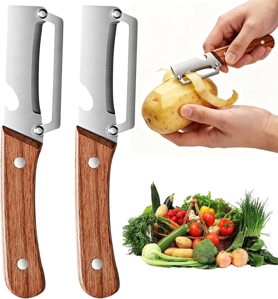 2 stuks Zero Snag houtschiller met houten handvat, multifunctionele groenteschiller met houten handvat