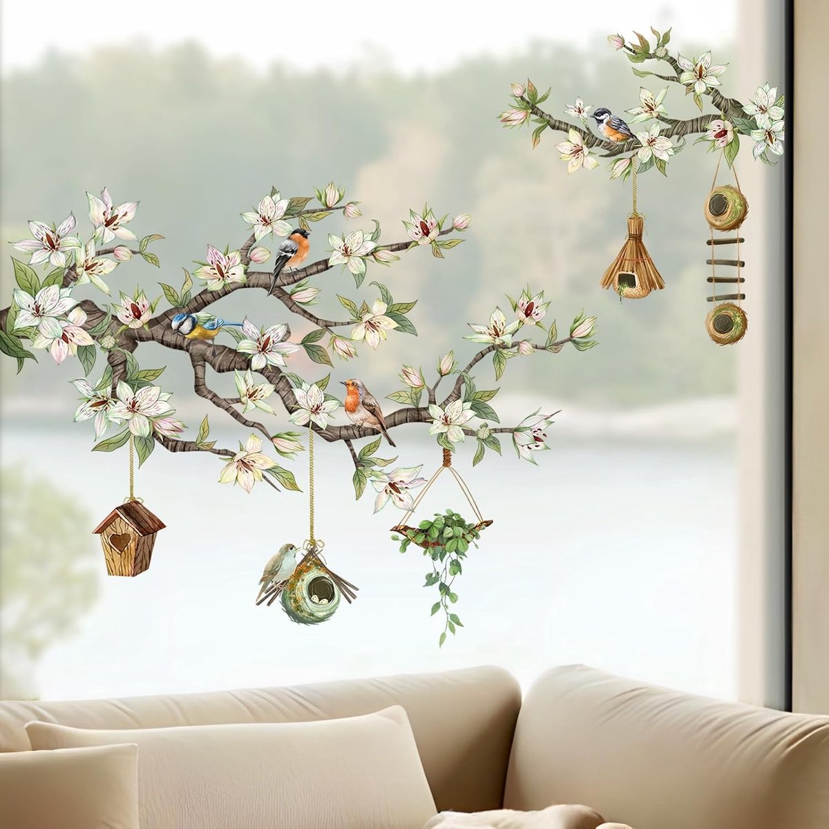 Raamstickers witte bloementakken raamafbeeldingen | Hangende vogelhuisje raamstickers zomer lente anti-botsing raamfolie glazen deuren raamdecoratie stickers
