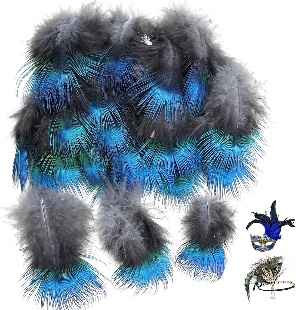 Veren, 3-9 cm, blauwe veren om te knutselen, kleine knutselveren, natuurlijke kleuren, staartveren, pauwenveren, decoratie voor sieraden, kostuum, dromenvanger