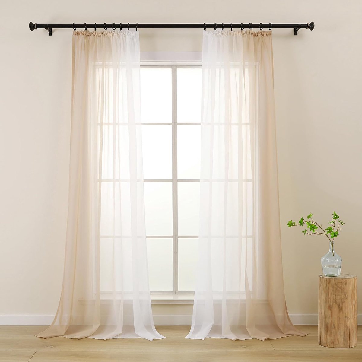 Gordijnen met plooiband, transparante gordijnen beige wit kleurverloop voor keuken woonkamer eetkamer, 140 x 145 cm kort, set van 2 voile gordijnen voor railsysteem rail
