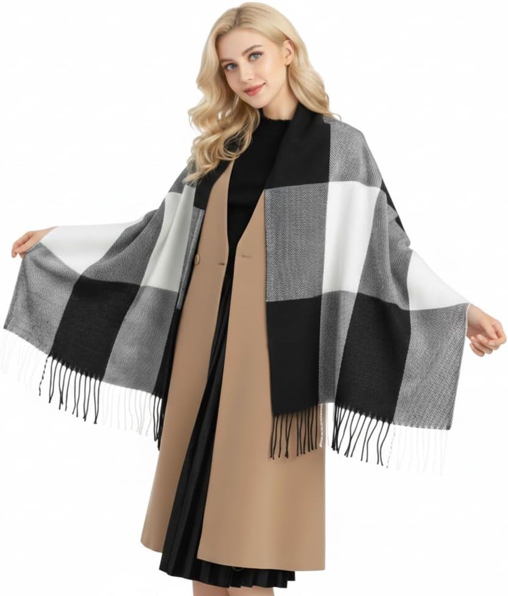 Sjaals Sjaals Wraps Dames Kerstcadeaus Lange Zachte Warme Tartan Sjaal Wol Spinning Kwastje Lange Stola voor Vrouwen, Zwart, 200 * 60cm