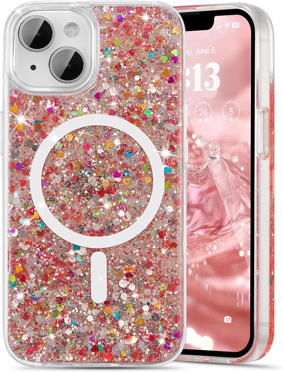 Glitter hoesje magnetisch voor iPhone 13/iPhone 14 hoesje, luxe glanzend Bling Sparkly telefoonhoesje compatibel met MagSafe, draadloos opladen kristal diamanten glanzend hoesje voor vrouwen