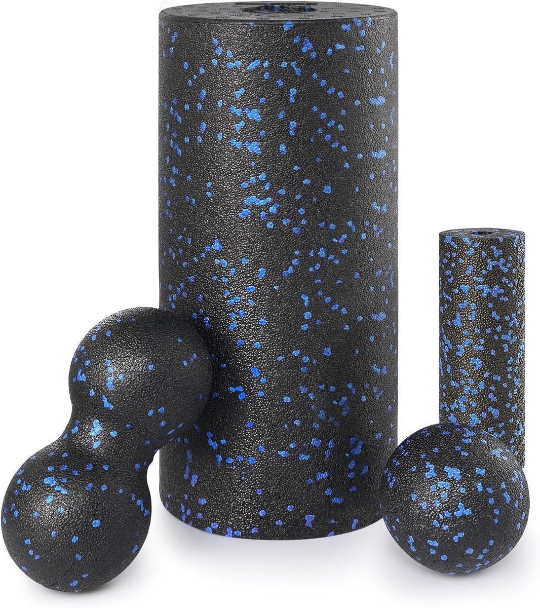 Set van 4 fascia rollers met grote en kleine rollen, pinda-roller en unieke bal voor intensieve massage, spierontspanning en herstel (inclusief opbergtas)