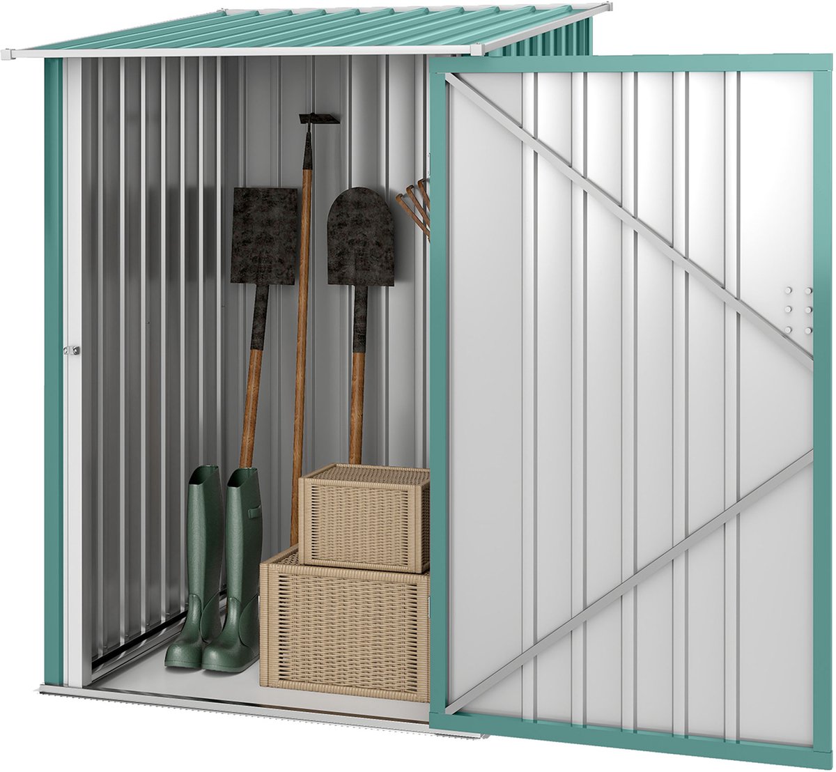 Metalen tuinschuur met lessenaarsdak-afsluitbare deur-voor buitengebruik-100x103x160 cm-groen