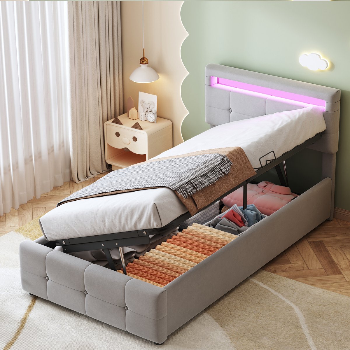 Kinderbed - voor matras 90 x 200 cm - grijs - met LED-verlichting en opbergruimte en lattenbodem - matras niet inbegrepen - voor de slaapkamer