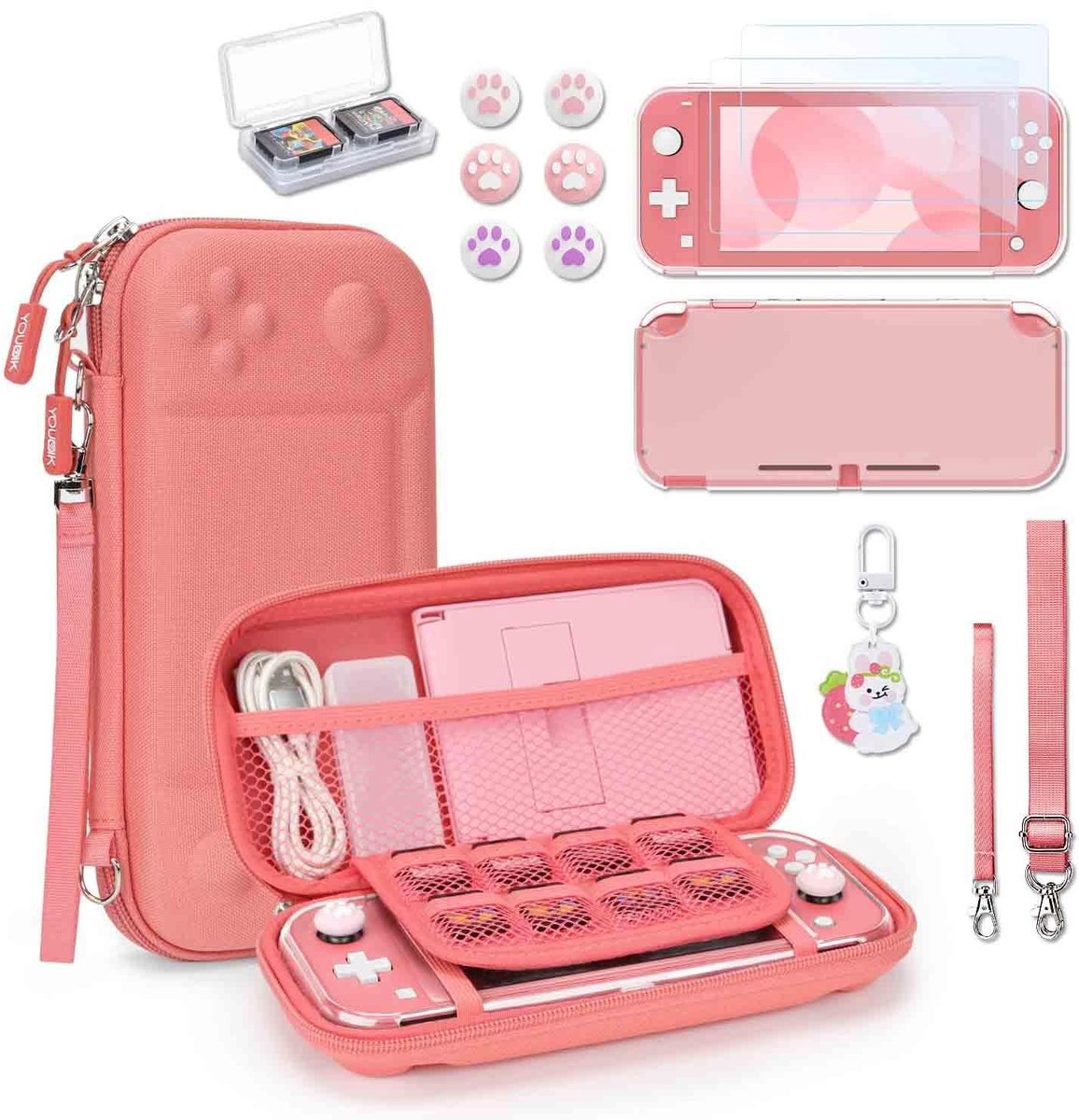 SolidKeus - Switch Lite Case met 14 Accessoires in Koraal