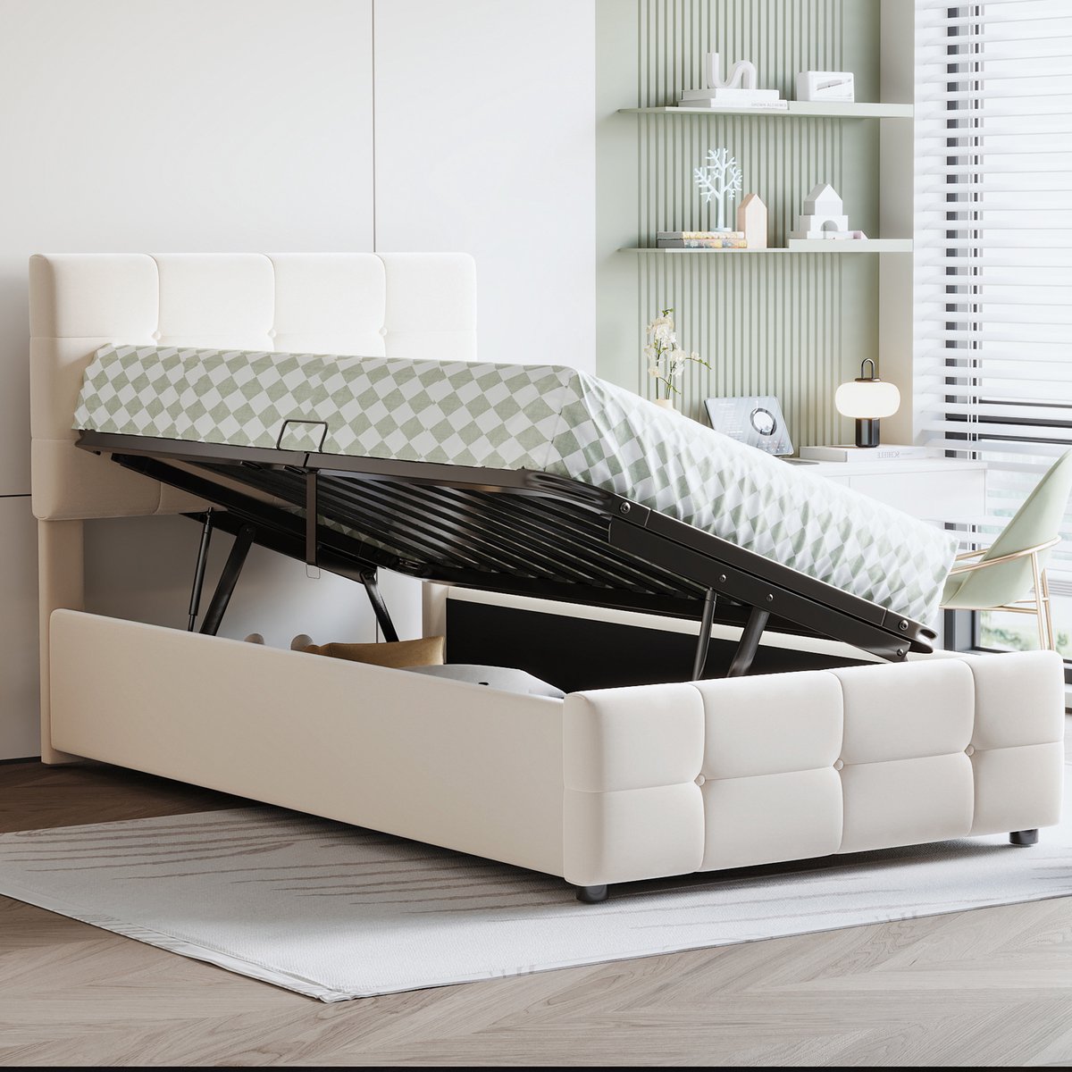 Kinderbed - voor matras 90 x 200 cm - beige - met opbergruimte en lattenbodem - matras niet inbegrepen - voor de slaapkamer