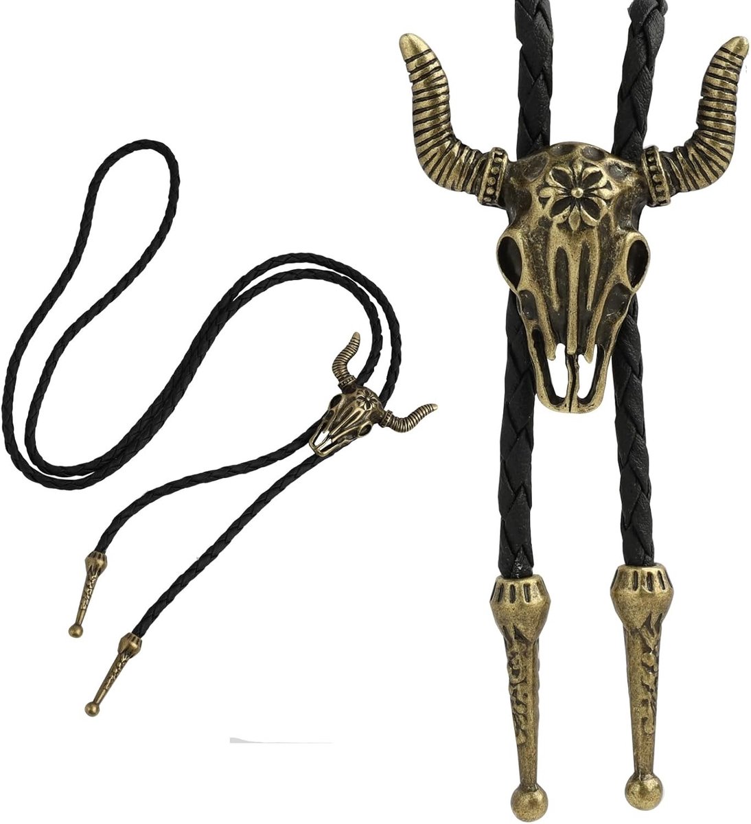 Verstelbare western cowboy stropdas met koeienschedel hanger, zwart leren lariat ketting voor Halloween en cowboy kostuums, unisex accessoire voor feesten en evenementen