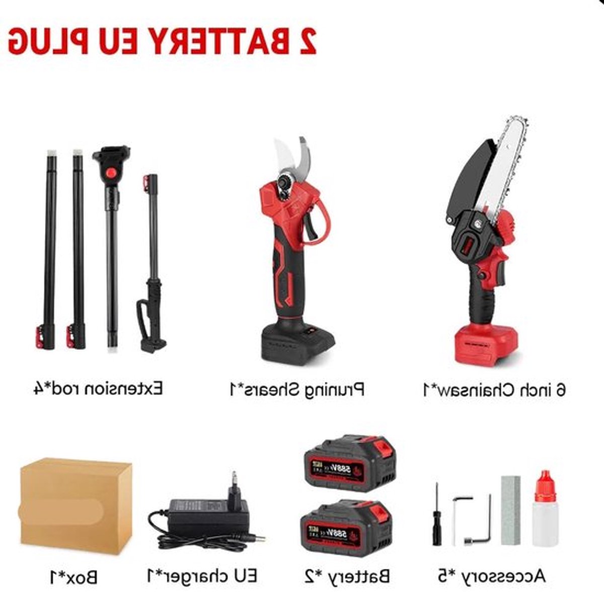 3-in-1 Snoeigereedschap - Accu Kettingzaag - Accu Snoeischaar - Telescopische Zaag - Draadloze - 3500W - Lichtgewicht - Tuingereedschap - 2 Accu - Rood