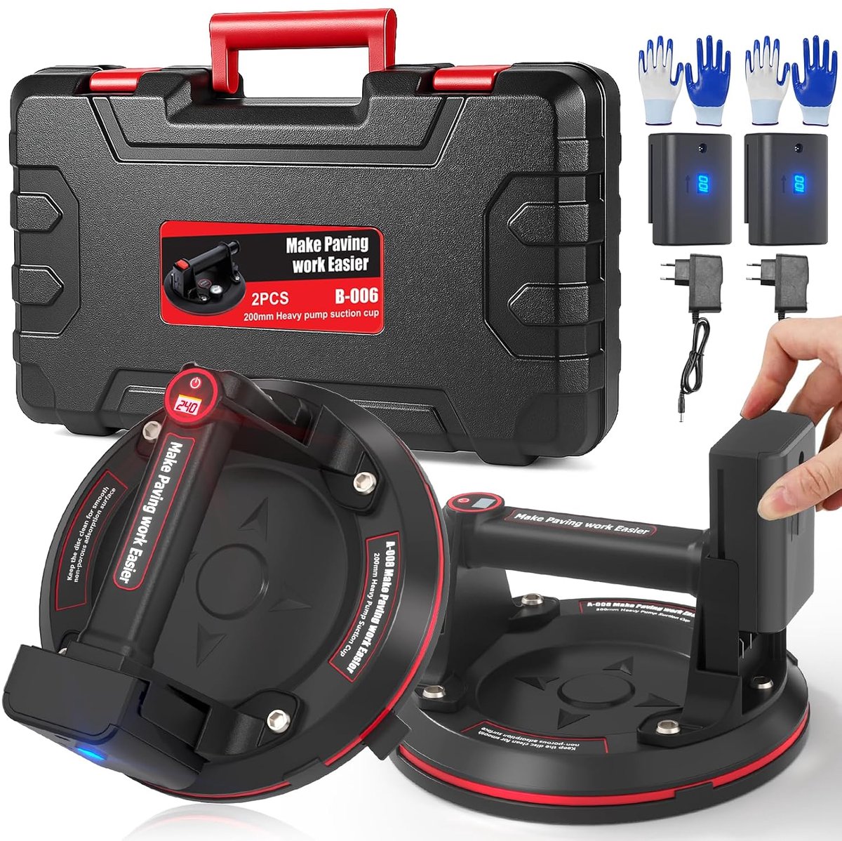 Zuignap - elektrische tegels - 8 inch zuignap met lcd-display - batterij 3000 mAh - draagbare koffer - industrieel met zuignappen van glas voor het optillen van ramen - tegels - meubels - belasting 270 kg (2