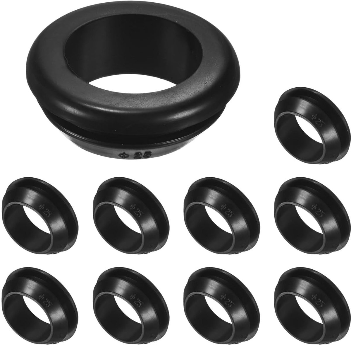 10 Pack Rubber Grommets voor Kabelbevestiging, 25mm Boorgat en 20mm ID Oogring, Geschikt voor Draad, Autotoepassingen en Metalen Kabelleuningen
