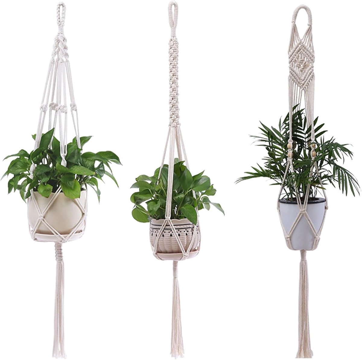 Macramé Plantenhanger - Beige - 105 cm - Katoenen Touw met Kwastjes - Voor Binnen en Buiten