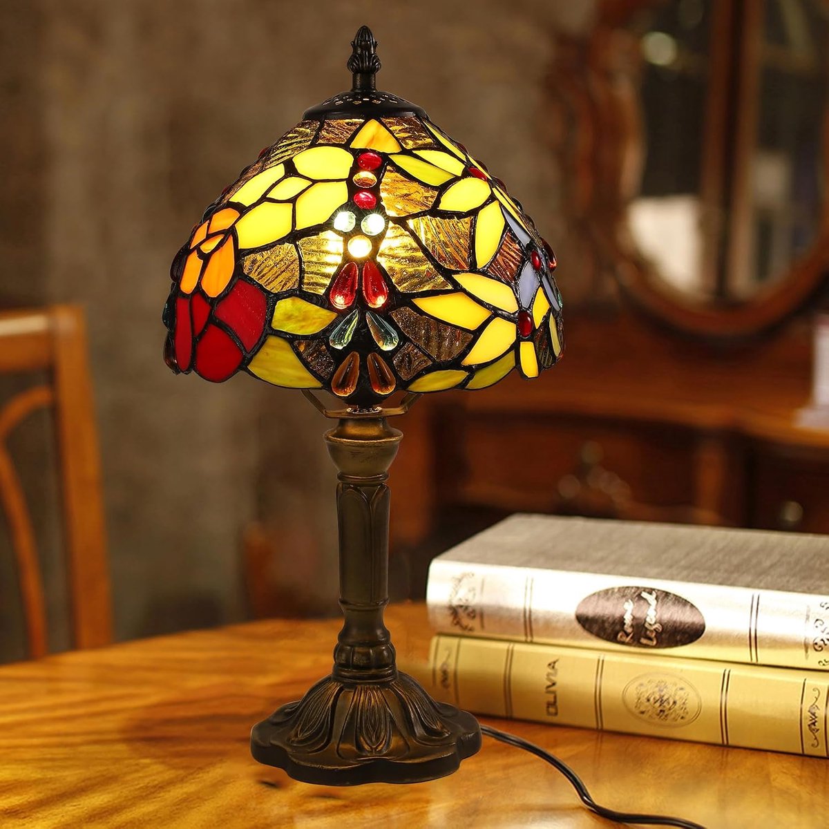 Vintage Tiffany glas-in-loodlamp - Decoratieve lamp, tafellamp, nachtlampje en leeslamp - Geschikt voor slaapkamers en woonkamers - Inclusief E27-lamp