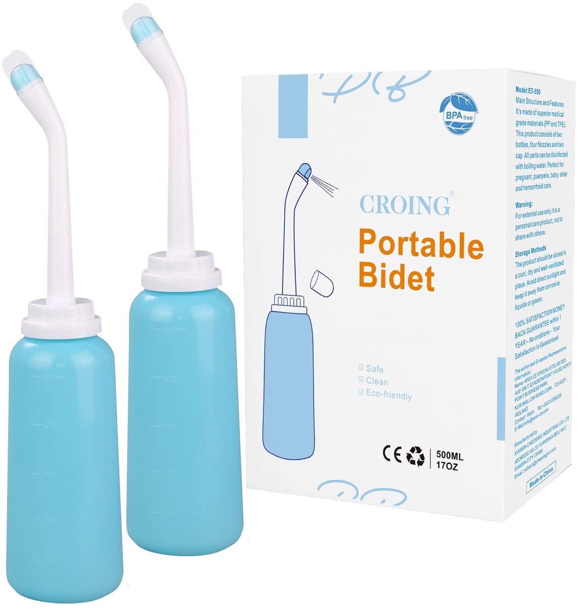 Draagbare Bidetfles Set van 2 - 500ml Reisbidet - Handbediende Intieme Douche zonder Batterijen - Roze en Groen