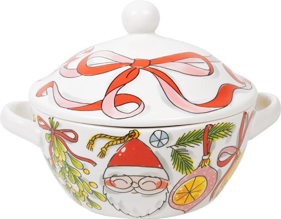 Witte terrineschaal met deksel, voorzien van een illustratie van de Kerstman, linten en kerstdecoraties.