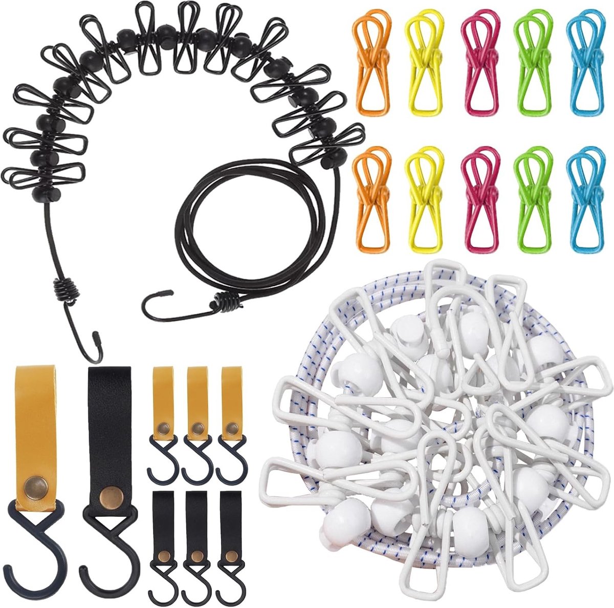 Waslijn uittrekbaar - Zwart/Wit - 180 cm - Elastisch met 12 Klemmen en 8 Leren Haken - Voor Camping en Reizen