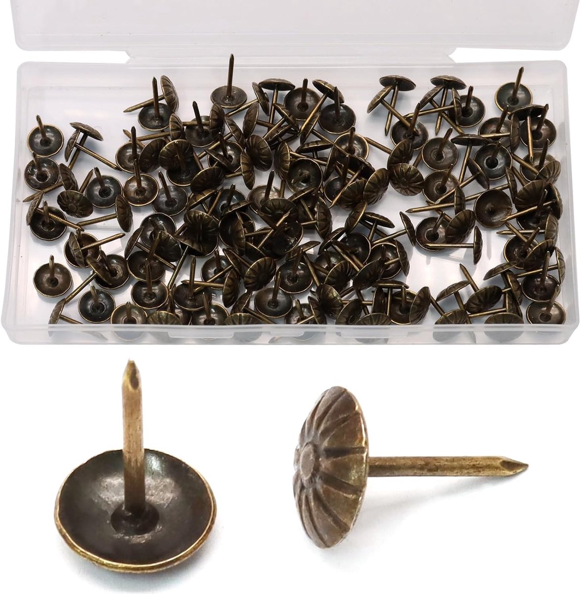 150 stuks 17 mm/0,67 inch ronde kop bekledingsspijkers, antieke metalen duimspijkers decoratieve pushpins madeliefjesbekleding nagels met plastic opbergdoos voor bank, stoel, woondecoratie