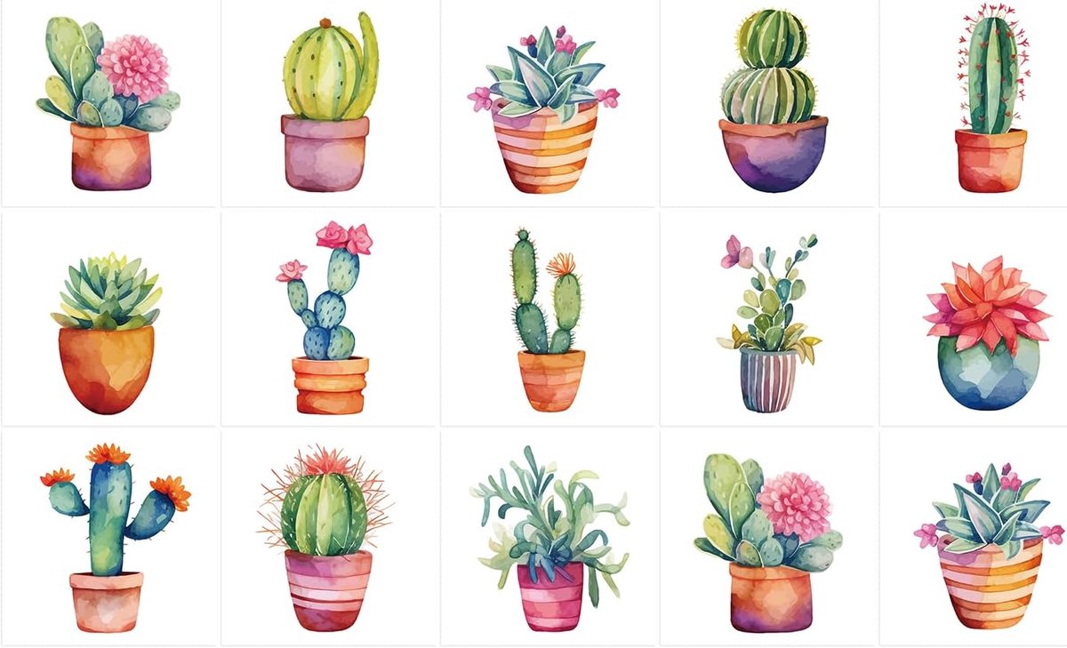 Stickers waterdichte stickers tegels - cactusplant in pot - 15 x 15 cm - 15 stuks tegelstickers van folie - opkanting voor muur badkamer - keukenwand keuken - kleverige tegels
