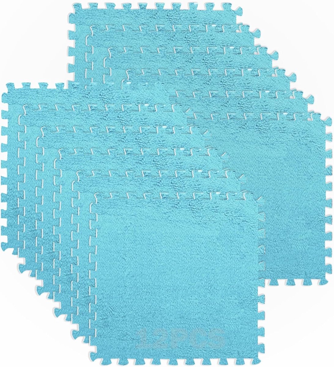 12 stuks in elkaar grijpende pluche schuimrubberen matten, 30 x 30 cm, schuimrubberen mat met pluche, woonkamertapijt, puzzelspeelmat, in elkaar grijpende schuimrubberen vloertegels (blauw)