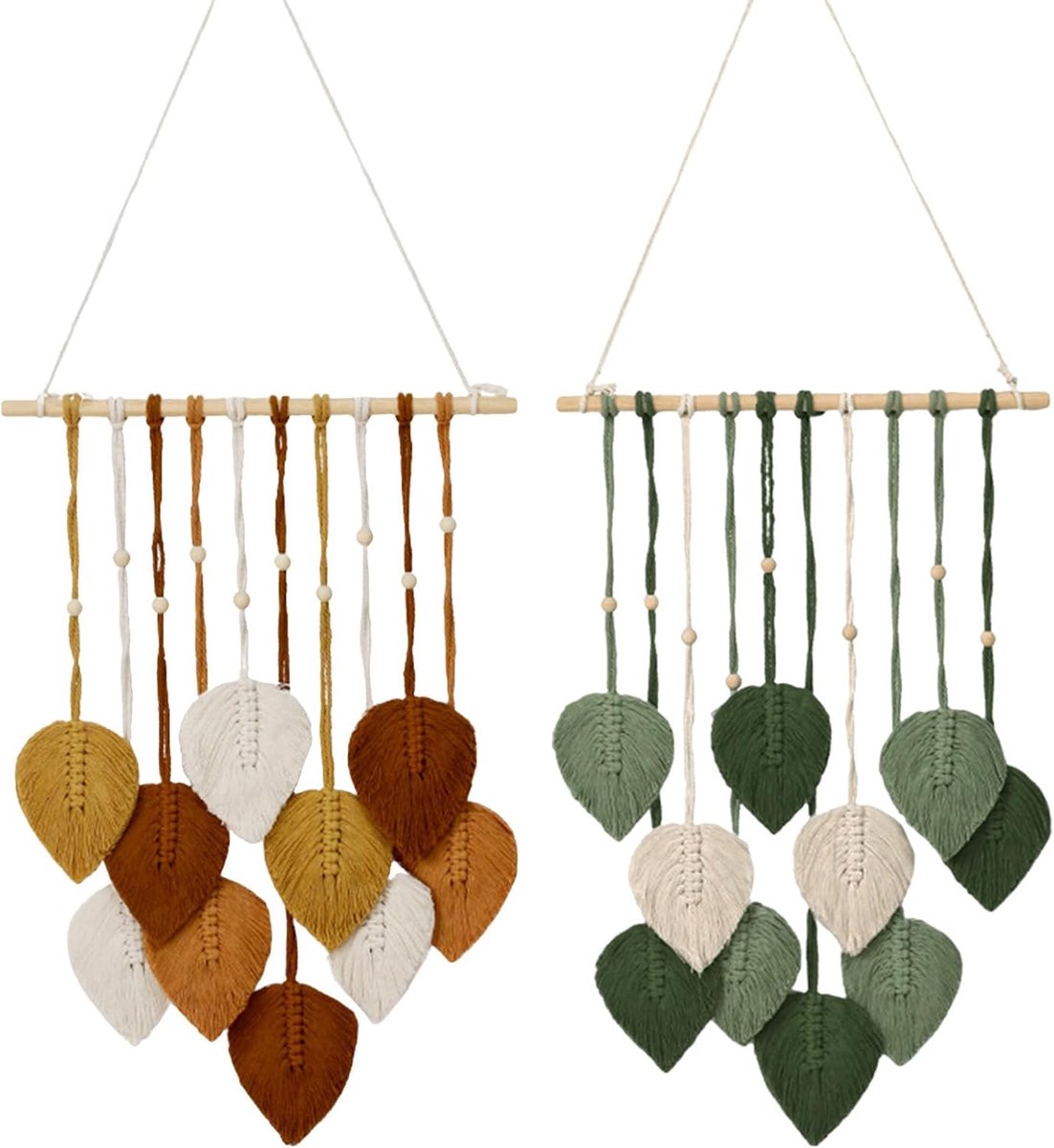 Wanddecoratie, 2 stuks muur opknoping decoratie handgemaakt tapijt boho decor geweven muur opknoping groene blad veer decor met houten kralen en 10 bladeren tapijt voor woonkamer slaapkamer