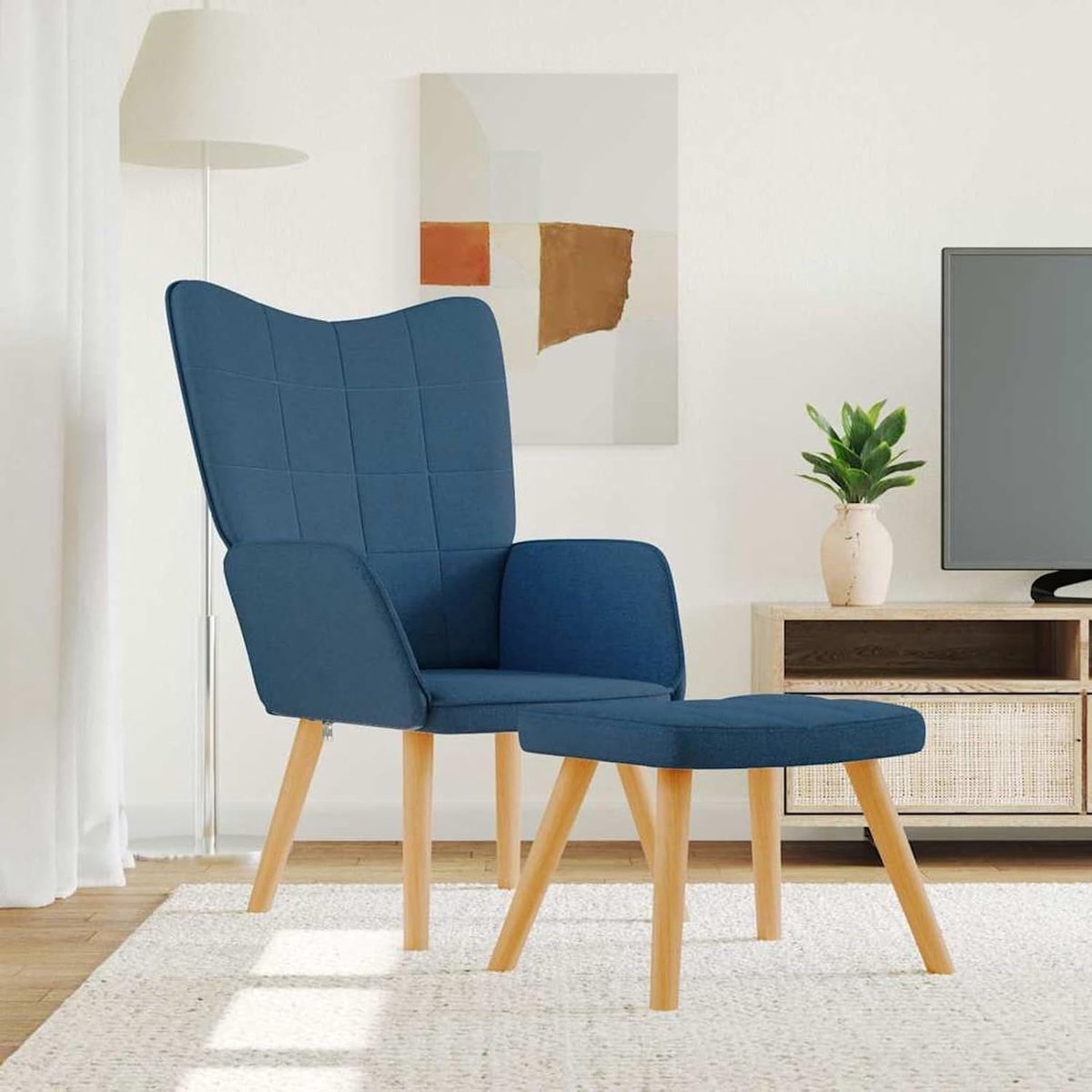 Relaxstoel met voetenbank, blauw, polyesterstof, zithoogte 40,5 cm, stalen frame en houten poten voor volwassenen