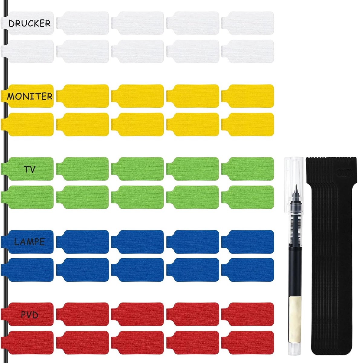 50 stuks kabellabels nylon, kabelbelettering 2 x 9 cm (5 kleuren) | Kabellabel, met 10 stuks klittenband, zwarte gelpen inbegrepen, herbruikbaar, voor kabelbeheer, thuis en op kantoor