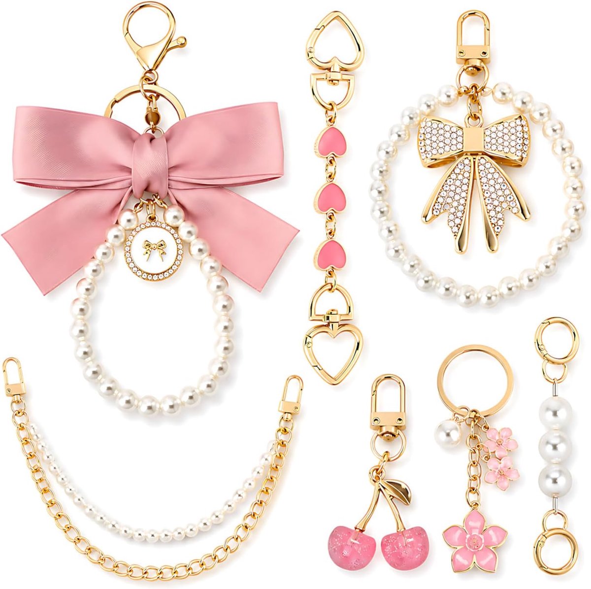 Dames sleutelhangers, esthetische bag charm, roze accessoire set met parelverlenging, strik kers bloemen voor tassen & autosleutels
