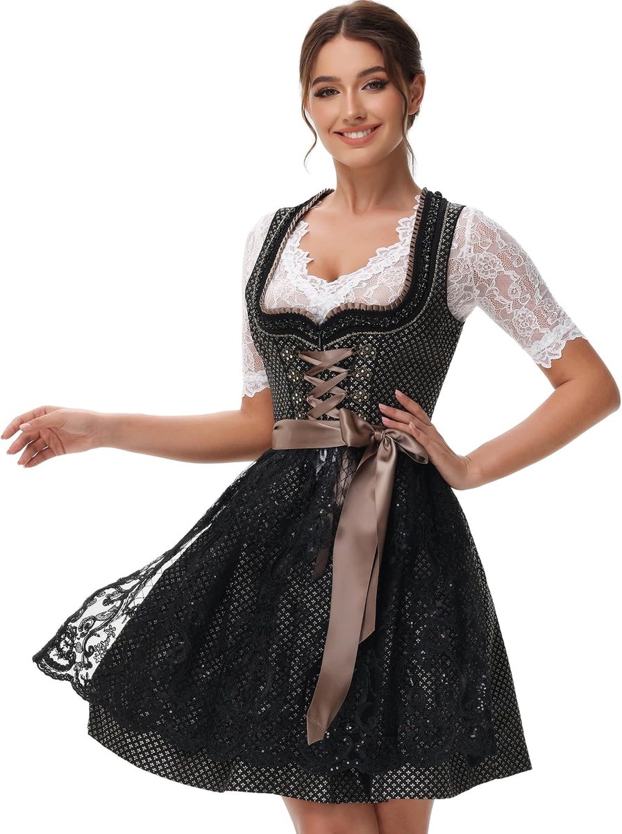 Trachten Dirndl, voor dames, midi-dirndl, klederdrachtjurk, elegante jurk voor Oktoberfest, incl. kanten schort, maat 34-46 - 50 cm