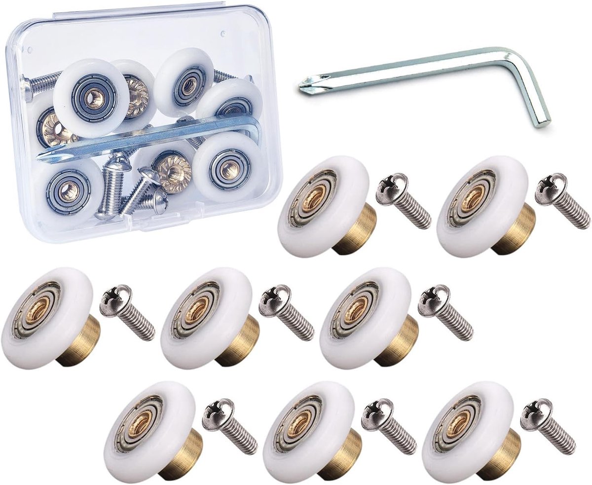 8-delige set douchedeur rolvervangingsset van roestvrij staal met schroeven en gereedschapsset in een compacte kunststof koffer (19 mm wieldiameter, klassiek, optie 1)