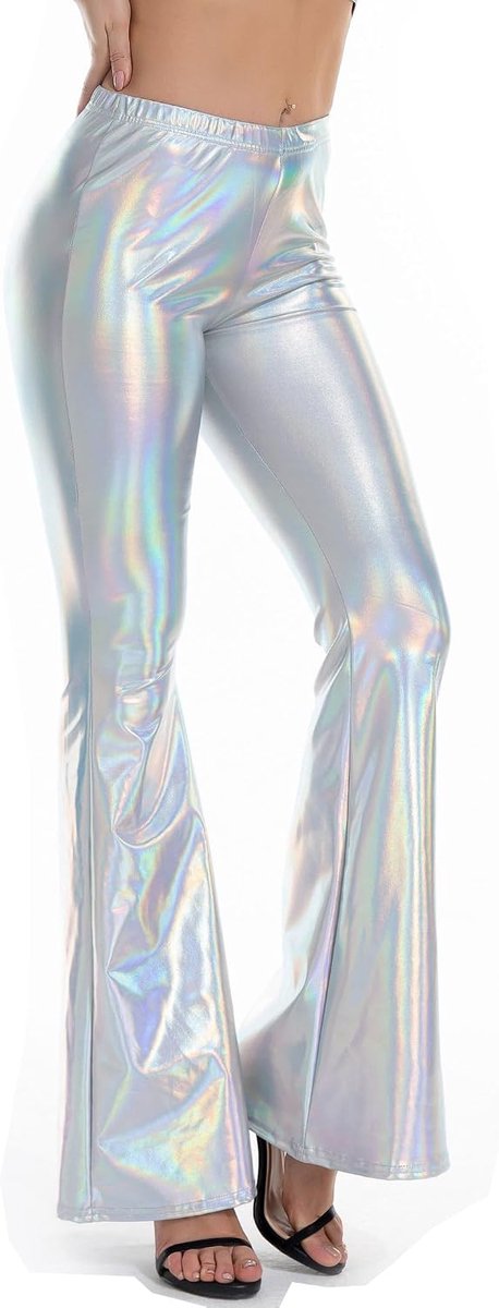 Glanzende metallic disco broek elastische tailleband Bell Bottom uitlopende broek 70's thema feest cosplay clubwear kostuums