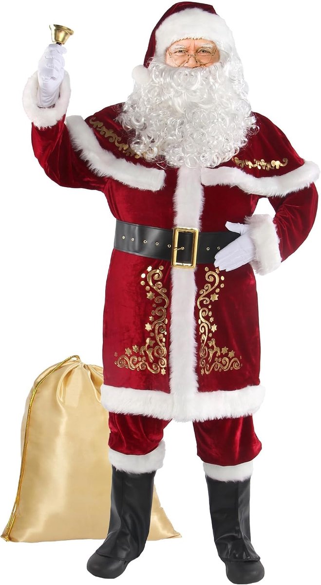 12Pcs Gouden Kerstman Deluxe Kostuum Voor Mannen Kerstman Pak Cosplay Volwassen Rood Fluwelen Outfit Xmas Vakantie Party