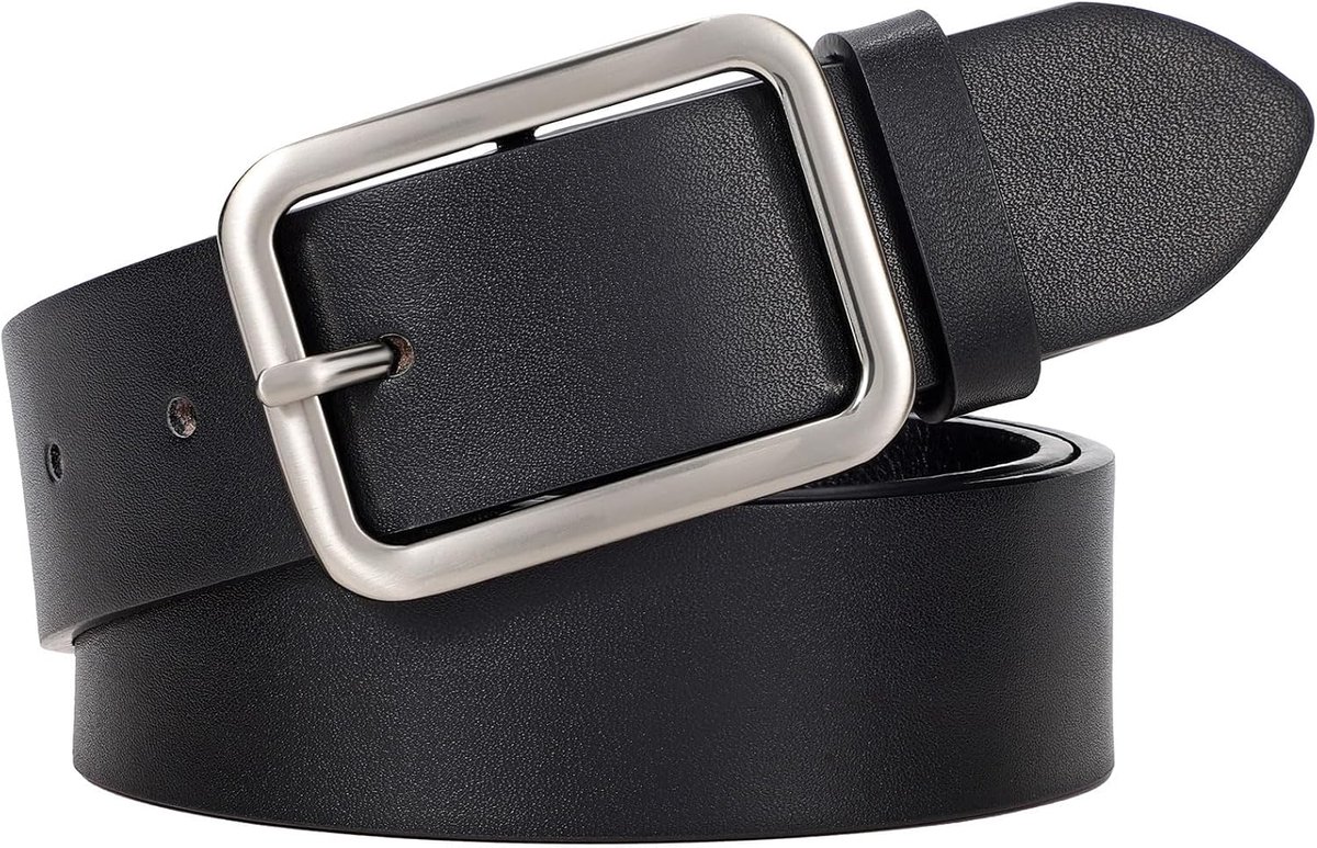 Leren damesriem, zwart, met klassieke vierkante gesp, damesriem voor jeans, 3,3 cm breed