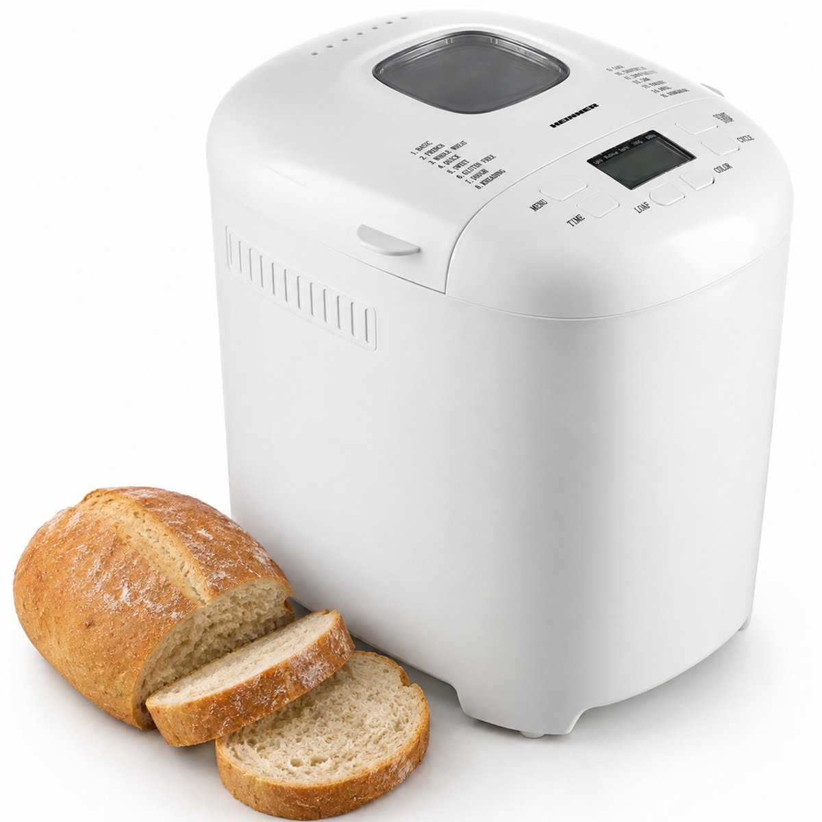 Heinner Broodbakmachine – 550 W – 700–900 g – 15 Programma’s – LCD-display – 3 Bruiningsstanden – 13 Uurs Timer – Warmhoudfunctie – Uitneembare Anti-aanbakbakvorm – Wit