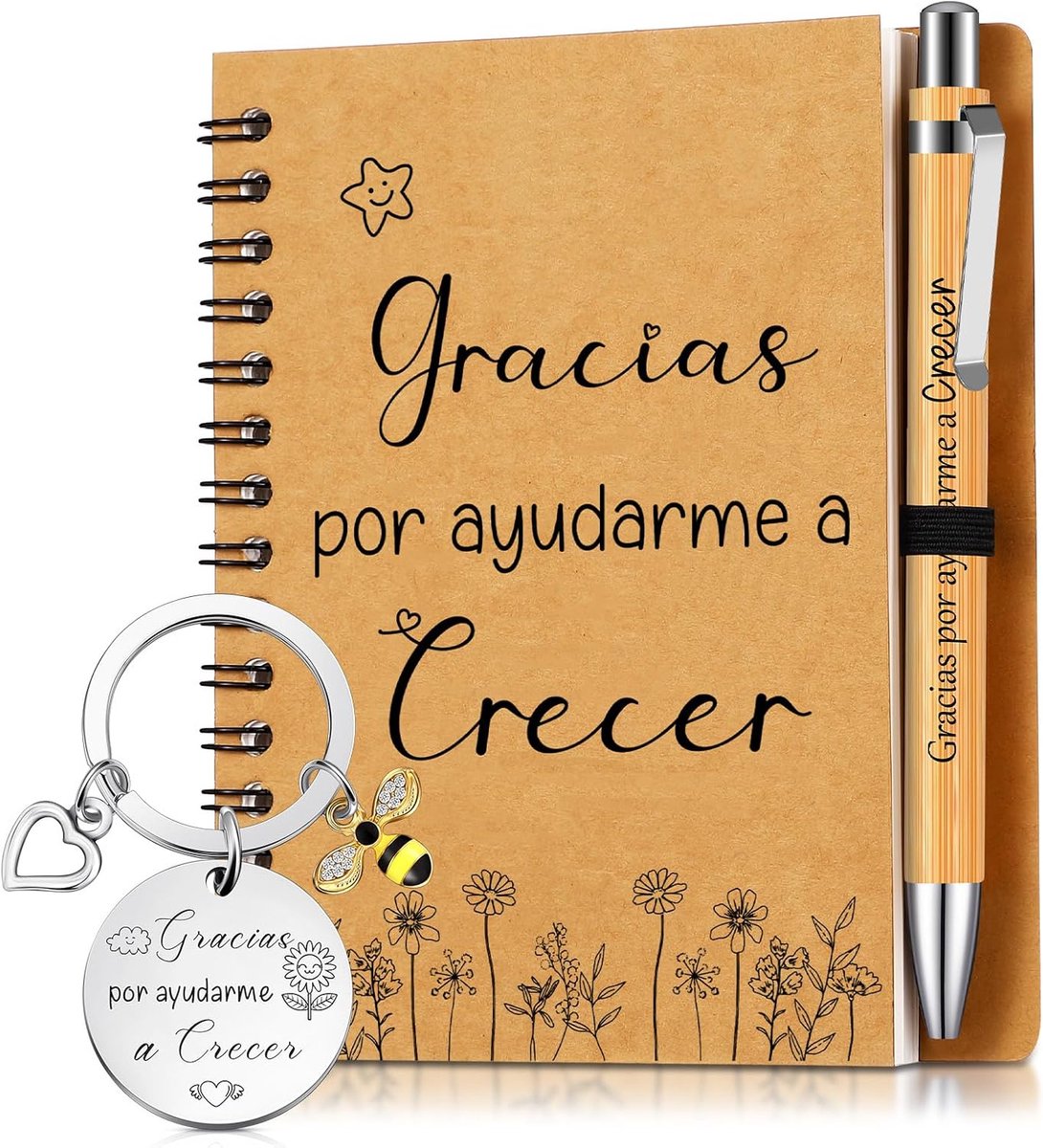 Cadeauset voor leraren inclusief sleutelhanger met hanger in de vorm van een bij, spiraalschrift, houten stift, lerarendag afscheid