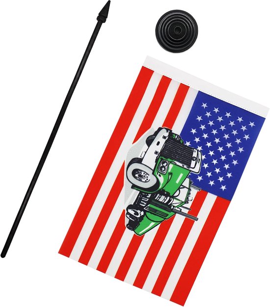 Tafelvlag USA met vrachtwagen 21x14 cm Polyester 100D Plastic Voet | Binnengebruik Amerikaans bureauvlag gestikte afwerking met verstevigde randen met kunststof stok en kunststof voet