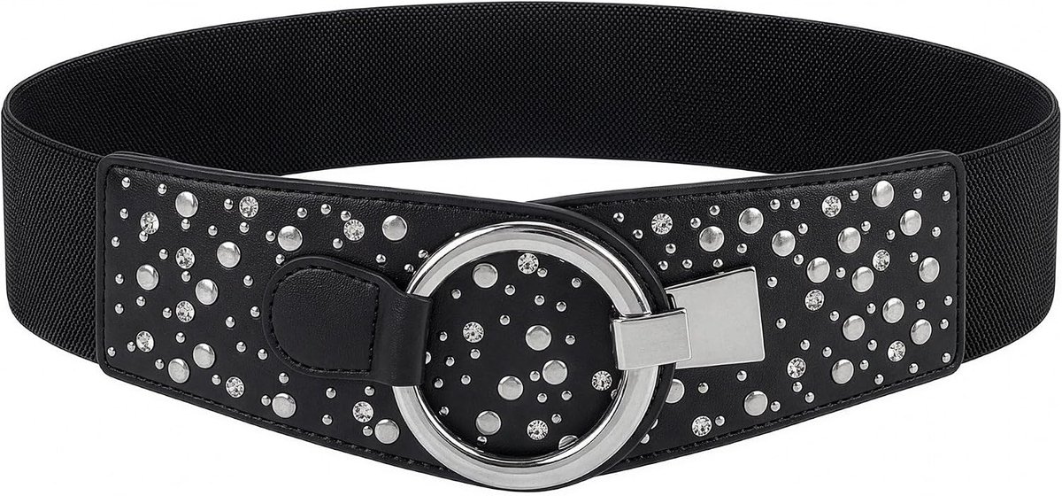 Tailleriem Dames Kunstleer Strass | 6 cm Breed, Mix Van Nopjes En Steentjes, Ringsluiting Met Haak, Recht Of Schuin Dragen, Maten S-XXL